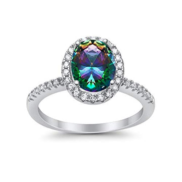 Accent Halo Wedding Ring Oval Simulated Rainbow CZ 925 Sterling Silver